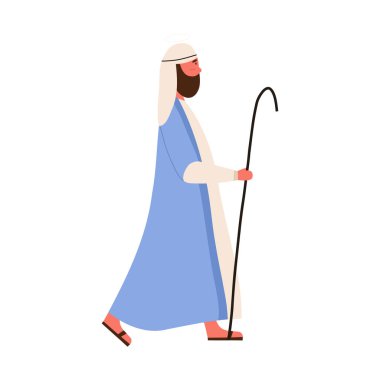 Shepherd Joseph beyaz arka planda izole edilmiş karikatür düz vektör çizimi ile yürüyor. Noel, Hristiyanlık ve İsa 'nın doğuşu kavramları. Karakter çizimi.