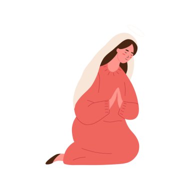 Aziz Meryem diz çöküp dua ediyor, beyaz arka planda izole edilmiş çizgi film düz vektör çizimi. Noel, Hristiyanlık ve İsa 'nın doğuşu kavramları. Karakter çizimi.