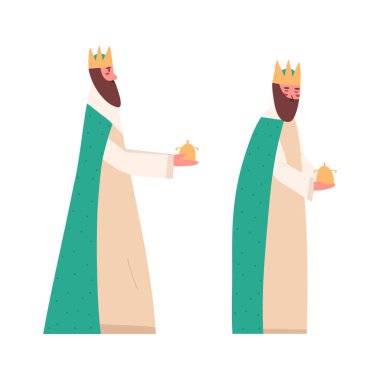 King, bebek İsa için altın hediye getiriyor. Beyaz arka planda izole edilmiş çizgi film düz vektör çizimi. İsa 'nın doğumu Noel sahnesi için bilge adam ya da İncil büyücüsü.