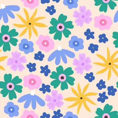Renkli çiçeksiz desen, bej arkaplanda çizgi film düz vektör çizimi. Tatlı yaz ve bahar çiçekleri. El çizimi doğa elementleri.