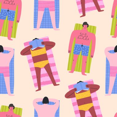 Sahilde güneşlenen farklı insanlar, pürüzsüz desenler, düz vektör çizimleri. Yaz tatili, kumda uzanan karakterler, çizgi film tarzı..