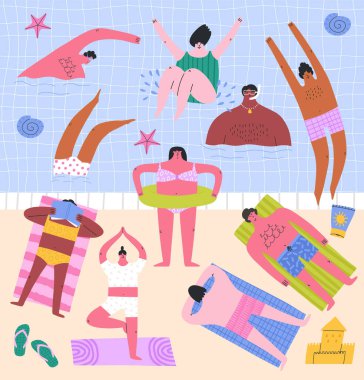 Sahilde ya da yüzme havuzunun yanında bir grup farklı insan, çizgi film düz vektör çizimi. Komik karakterler güneşleniyor, yüzüyor, şnorkelle yüzüyor ve suya atlıyor. Sıcak yaz günü.