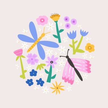 Sevimli el çizimleri çiçekler ve kelebekler, bej arka planda izole edilmiş çizgi film düz vektör çizimleri. Yaz ve bahar bitkileri çember içinde.