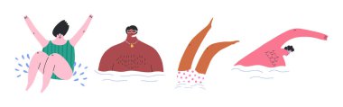 Yüzen çizgi film karakterleri, beyaz arkaplanda izole edilmiş düz vektör çizimleri. Çeşitli insanlar daldı, şnorkelle yüzdü ve suya atladı. Yaz tatili ve yüzme havuzu kavramları.