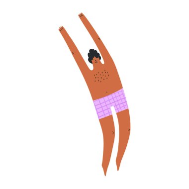 Yüzme havuzuna atlayan mutlu adam, beyaz arka planda izole edilmiş çizgi film düz vektör çizimi. Mayo atlamada güzel el çizimi karakter. Yaz tatili kavramı.