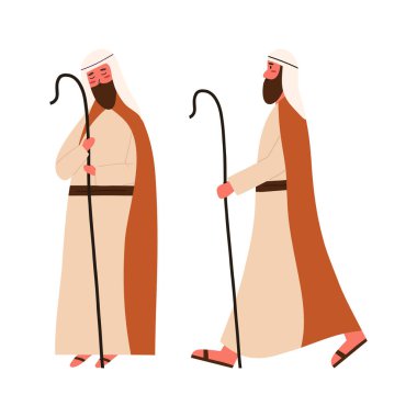 Çoban yürüyüşü, diz çökme, doğum sahnesi, beyaz arka planda izole edilmiş çizgi film düz vektör çizimi. Noel karakteri çizimi. Hıristiyanlık kavramı.