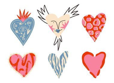 Yüzü olan komik kalpler, beyaz arka planda izole edilmiş çizgi film düz vektör çizimi. Tuhaf, çirkin kalpler, elle çizilmiş stil. Aşk ve Sevgililer Günü kavramları.