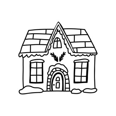 Kışlık ev taslağı, beyaz arka planda izole edilmiş vektör çizimi. Karlı ve Noel süslemeli şirin bir ev..