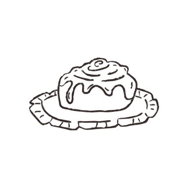 Tabakta tarçın rulosu, el çizimi karalama, beyaz arka planda izole edilmiş vektör çizimi. Eskiz stili, grunge vintage desenli. Tatlı çörek, kafe ve fırın konsepti