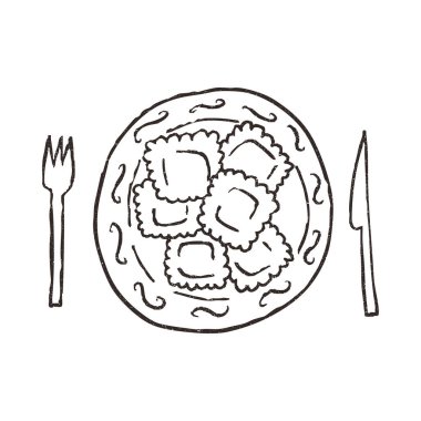 Levhada Ravioli, beyaz arka planda izole edilmiş vektör çizimi. Eskiz stili, grunge vintage desenli. Kafe ve İtalyan restoranı konsepti.