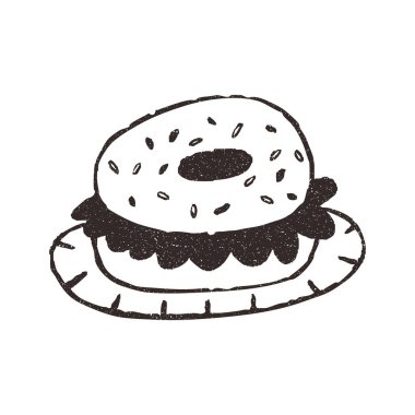 Tabakta bagel sandviçi, beyaz arka planda karikatür karalama vektör çizimi. Grunge desenli el çizimi sanat eseri. Yemek ve kafe kavramları.