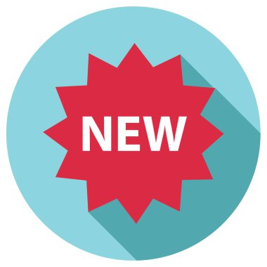 Yeni etiket, düz şekilde uzun gölgeli vektör illüstrasyonu. yeni ürün 