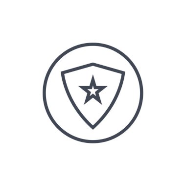 Beyaz arkaplanda izole edilmiş kalkan simgesi vektörü, yıldız şeffaf işareti, çizgi veya doğrusal tasarım elementleri ana hatlarda