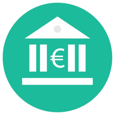 Banka binası vektör simgesi. bicolor düz daire şeklinde sembol, mavi ve gri renkler, yuvarlak açılar,