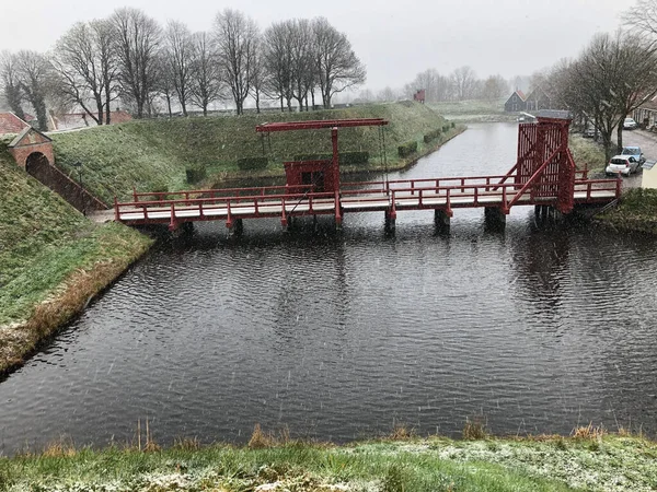 Brücke Über Kanal Winter Den Niederlanden — Stockfoto