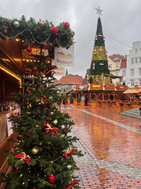 Germany, Lingen - December 10, 2023: Decorated Christmas market in the old center of Lingen, Germany.