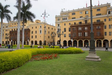 Lima, Peru - 25 Aralık 2023: Lima Tarihi Merkezi 'nde Koloni tarzı binalar.