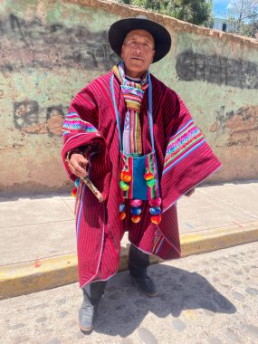 Peru - 30 Aralık 2023: Geleneksel kıyafet pançosu ve tipik Peru şapkası giymiş bir adamın portresi