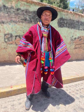 Peru - 30 Aralık 2023: Geleneksel kıyafet pançosu ve tipik Peru şapkası giymiş bir adamın portresi