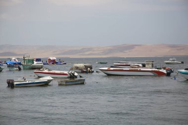 Paracas, Peru - 27 Aralık 2023: Küçük limanda park edilmiş balıkçı tekneleri.
