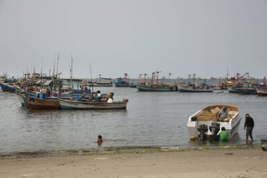 Paracas, Peru - 27 Aralık 2023: Küçük limanda park edilmiş balıkçı tekneleri.