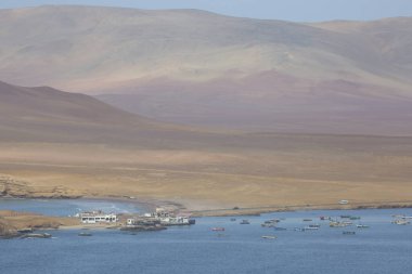 Paracas 'ta Peru çölünün ortasında mavi bir körfezde panoramik manzara