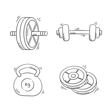 Jimnastik malzemeleri elle çizilmiş. Form aletleri seti vektör simgesi karalama. Egzersiz aygıtı koleksiyonu özet biçimi tasarımı.