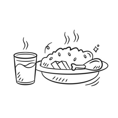 Ramazan yemekleri resimli. İslami karalama vektör tasarımı elementleri. Pirinç, tavuk ve bir bardak su taslağı taslak çizimi simgesi.