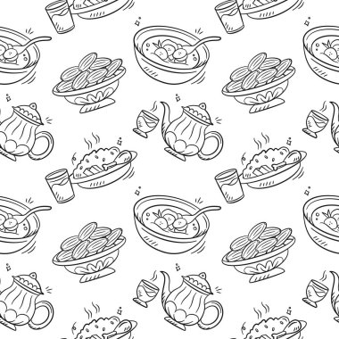Ramazan yemekleri kusursuz desenler çizer. İslami iftar el çizimi, çaydanlık, çaydanlık, hurma, pirinç ve Endonezya tatlıları içeren illüstrasyon arka planı.