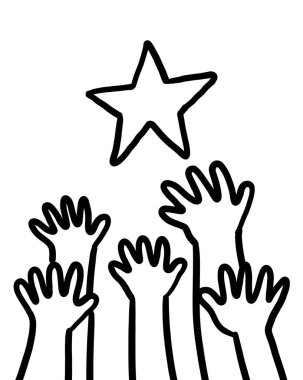 Bir grup el yıldıza uzanıyor. Başarı motivasyon başarı konsepti. Beyaz arkaplanda izole edilmiş siyah çizim.