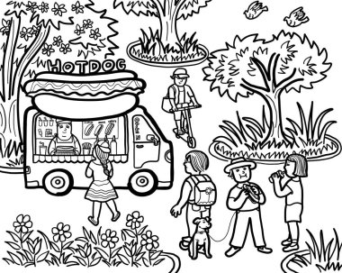 Şehir parkındaki müşterilere sosisli satan bir seyyar satıcıyla bir sokak yemeği kamyonu. Açık hava yiyecek ve küçük işletme kavramını ortadan kaldırır..