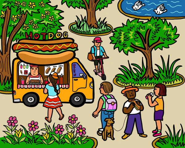 Street Food Truck Vendor Selling Hot Dog Customers City Park — Fotografia de Stock