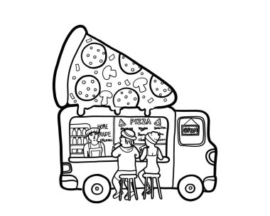Müşterilere pizza satan bir seyyar satıcı ile bir sokak yemeği kamyonu. Açık hava yiyecek ve küçük işletme kavramını ortadan kaldırır..