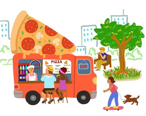A street food truck with a vendor selling pizza to customers in city park. Outdoor take away food and small business concept.