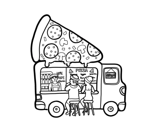 Street Food Truck Vendor Selling Pizza Customers Outdoor Take Away — Fotografia de Stock