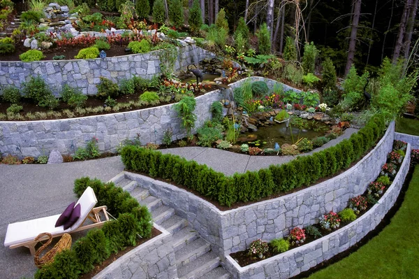 A stone retaining wall in a landscaped garden in Vancouver, British Columbia, Canada.