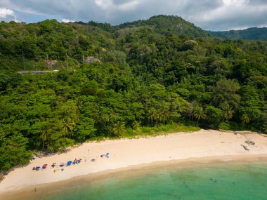 Drone aerial view of Haad Laem Sing Beach in Phuket, Thailand.