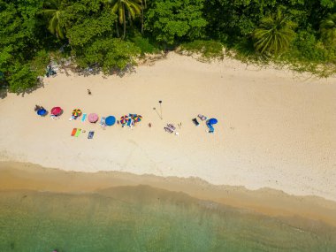 Drone aerial view of Haad Laem Sing Beach in Phuket, Thailand.