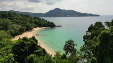 Drone aerial view of Haad Laem Sing Beach in Phuket, Thailand.