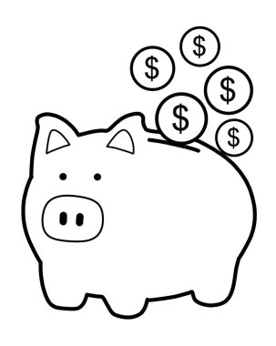 Domuz kumbarasının siyah beyaz çizimi ve Amerikan doları parası. Finansal tasarruf ve yatırım kavramı.