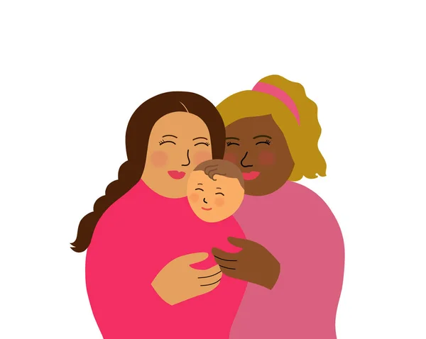 快乐的同性恋夫妇父母抱着一个孩子在一起 快乐的家庭观念 在白色背景上孤立的说明 — 图库照片
