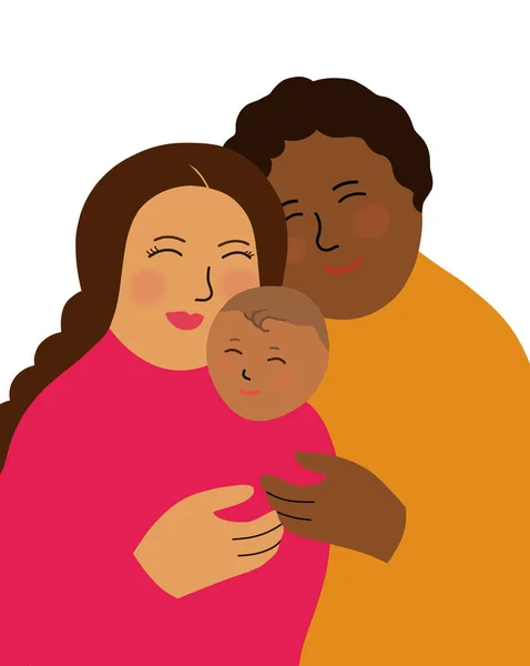 快乐的父母 一个白人的母亲和一个黑人的父亲一起抱着一个孩子 快乐的家庭观念 在白色背景上孤立的说明 — 图库照片