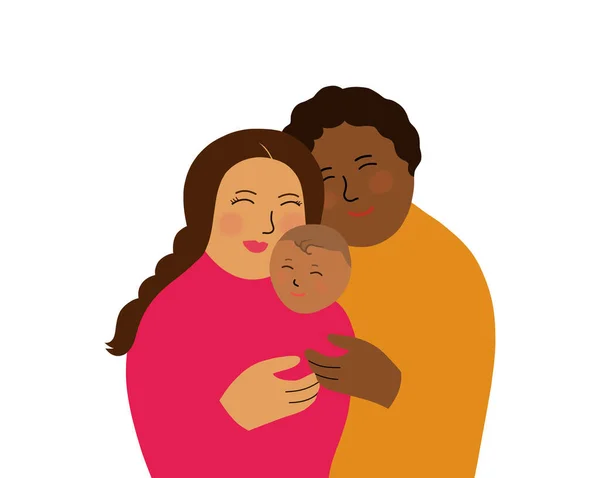 快乐的父母 一个白人的母亲和一个黑人的父亲一起抱着一个孩子 快乐的家庭观念 在白色背景上孤立的说明 — 图库照片