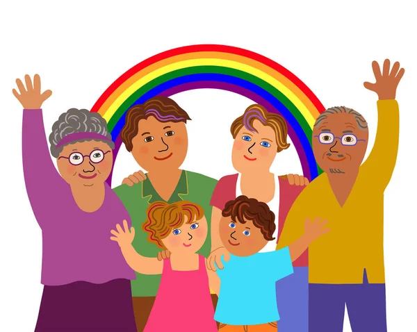 一群快乐的多种族同性恋 带着家庭的Lgbtq父母 上了年纪的父母 收养的孩子和祖父母站在一起 手挽手 因白色背景而孤立 — 图库照片