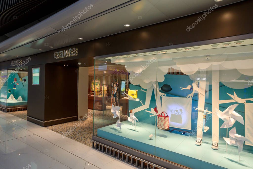 Hong Kong - February 28, 2023: Exterior of a luxury brand name retail store in the departure lounge of the Hong Kong International airport.