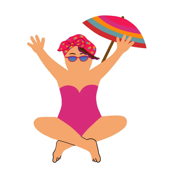 Young Caucasian Woman Swimwear Raising Arm Beach Umbrella Freedom Vacation — Stock Photo, Image