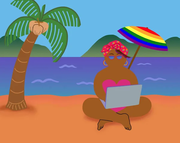 Lgbtq 레즈비언 디지털 유목민 개념이죠 해변에 여성은 노트북 컴퓨터를 이용해 — 스톡 사진