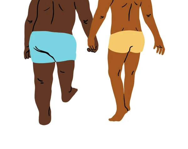 Две Молодые Чернокожие Африканские Геи Плавках Ходят Держась Руки Любите — стоковое фото
