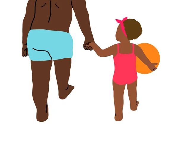 一个身穿泳衣的年轻的非洲黑人父亲和女儿手牵着手走着 一起参加了一个海滩球 快乐的家庭在暑假的概念 说明1 — 图库照片