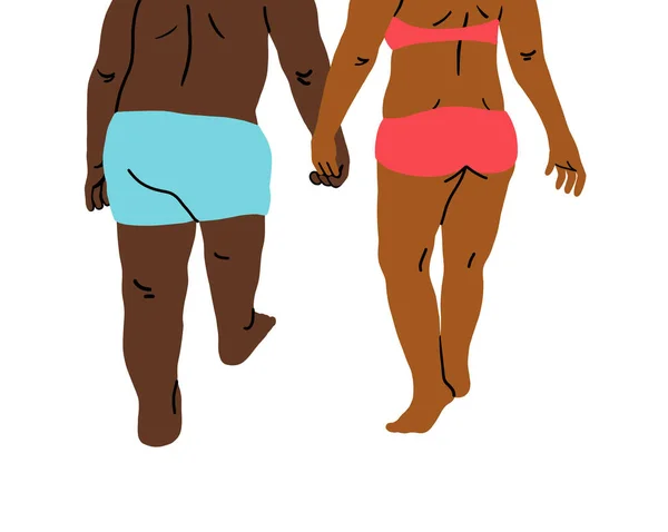 2人の若い黒人アフリカ人のカップルが一緒に手を取り合って歩いている 夏休みのコンセプトでロマンチックな休暇を愛しています イラスト — ストック写真